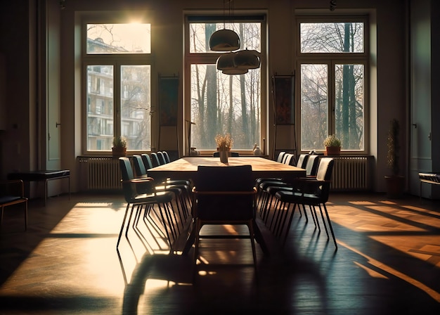 A long meeting table with chairs in front of a window