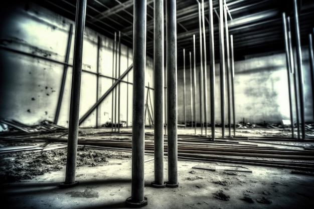 Long metal poles standing on floor of building construction scaffolding near building created with g