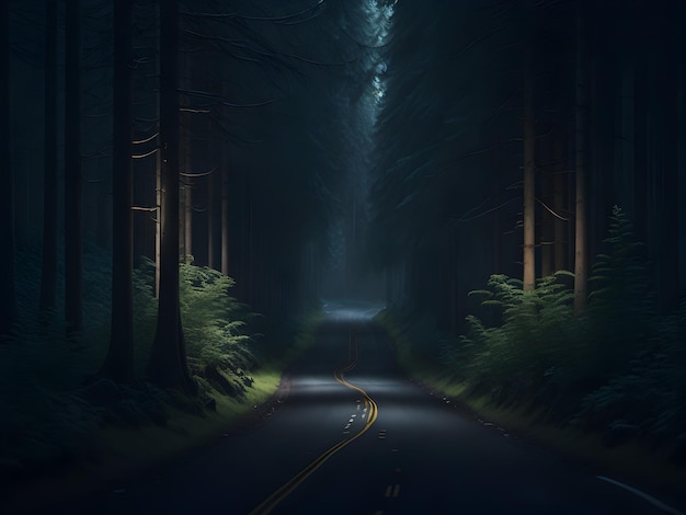 A long and mysterious road shrouded in darkness surrounded by towering trees