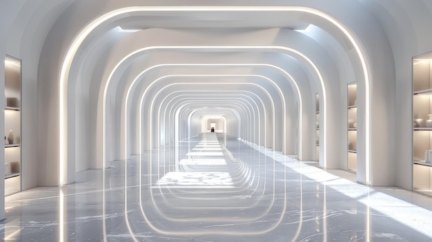 a long narrow hallway with white walls and shelves