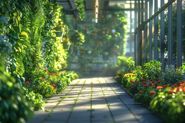 A long narrow walkway with a variety of plants and flowers