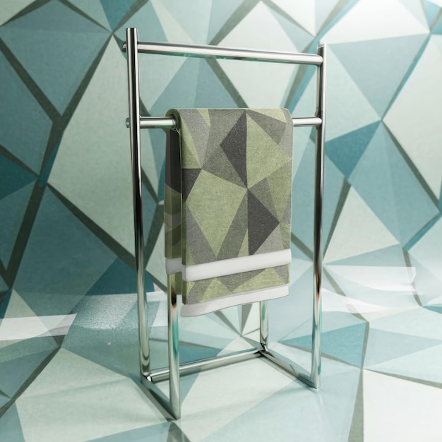Foto lungo nuovo supporto per asciugamani in acciaio inossidabile su uno sfondo geometrico a poligono astratto