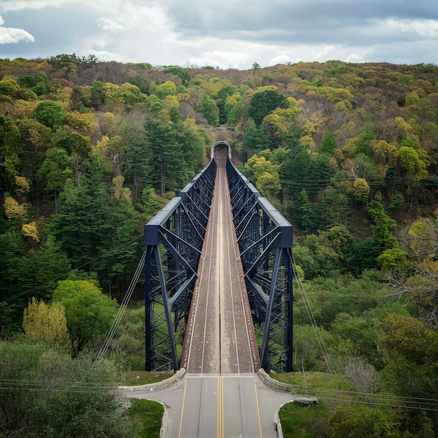 Foto un lungo vecchio ponte d'acciaio su un burrone boscoso a fayetteville