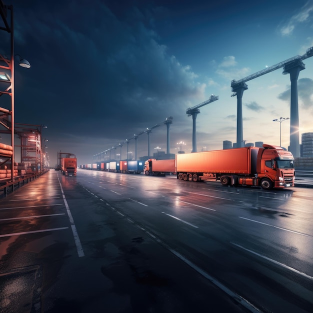 a long orange train is on the road with a building in the background.