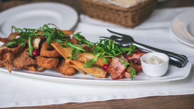 Long oval plate with variety of snacks: chips, nachos, bacon, lavash with cheese, arugula, cranberries, squid rings or breaded onions