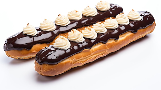 a long pastry with a chocolate covered in caramel sauce and a chocolate covered donut.