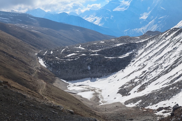 Long pathway to the Larke Pass in Himalayas