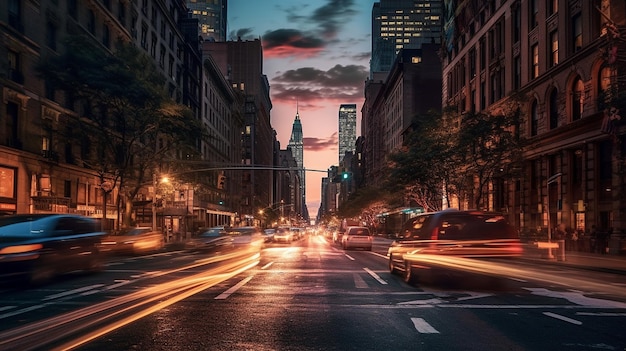 대담한 하늘에서 본 뉴욕 거리의 긴 멈춤 야경 샷 자동차가 빛의 줄무늬를 남깁니다. AI 생성 이미지