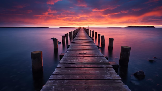 a long pier stretches into the ocean at sunset