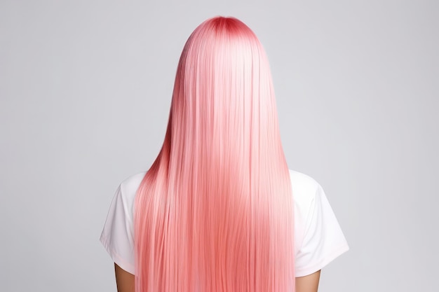 Long Pink Straight Hair Rear View On White Background Generative AI