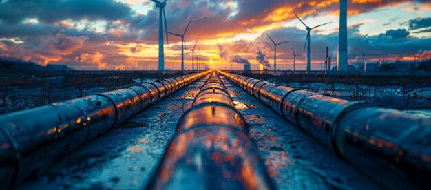 Photo a long pipeline is shown in the foreground of a sunset