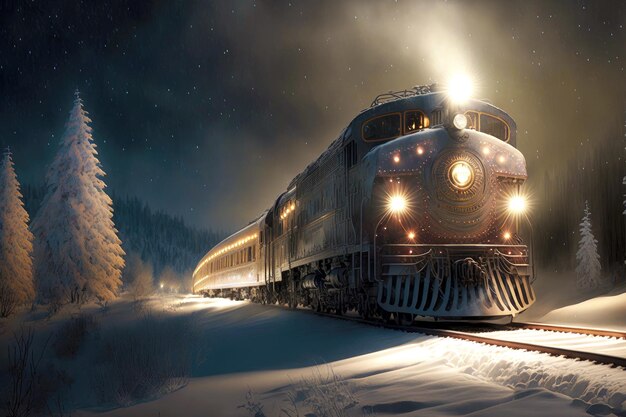 Long polar express train with luminous headlights rides along snowy hill created with generative ai