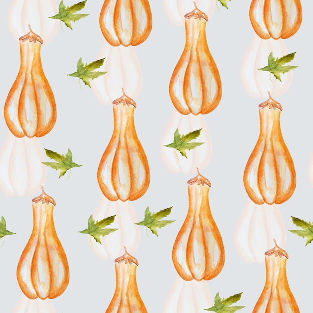 Long pumpkin and leaves watercolor seamless pattern