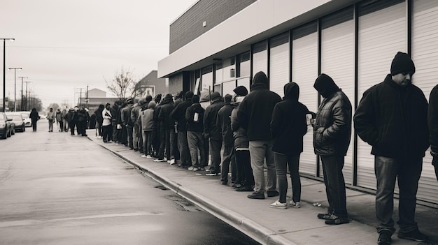 Foto una lunga fila di acquirenti in attesa fuori da un negozio durante il black friday