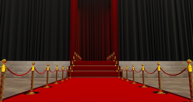 Long red carpet between rope barriers on entrance. Way to success on the red carpet. The path to glory. Stairway go up