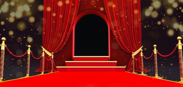 Long red carpet between rope barriers with stair at the end with open door, 3D rendering