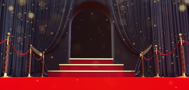 Long red carpet between rope barriers with stair at the end with open door, 3D rendering