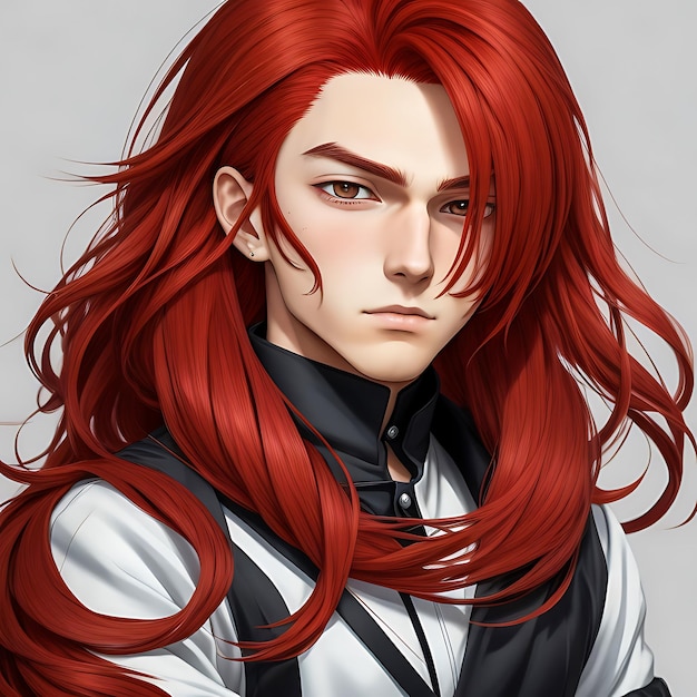 long red flowing hair anime boy with with determinate looking generative AI