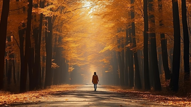 long road across the fall season Forest tree