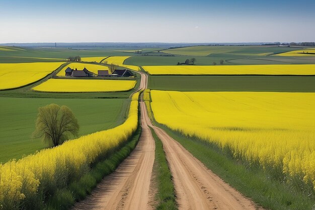 A long road between fields of yellow rapeseed spring rural view