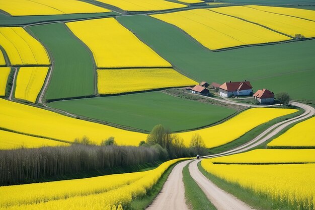 A long road between fields of yellow rapeseed spring rural view