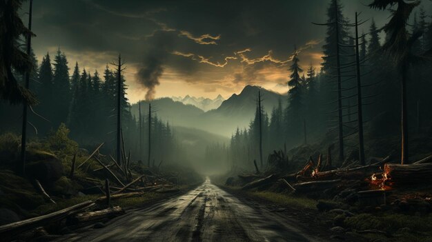 Photo the long road to the forest with smoky sky