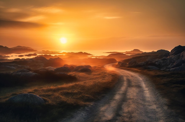 A long road going along the coast at sunset