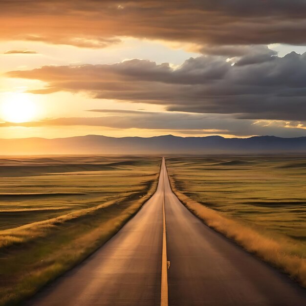 Long road in the southwest at sunset surrounded by grassy fields AI