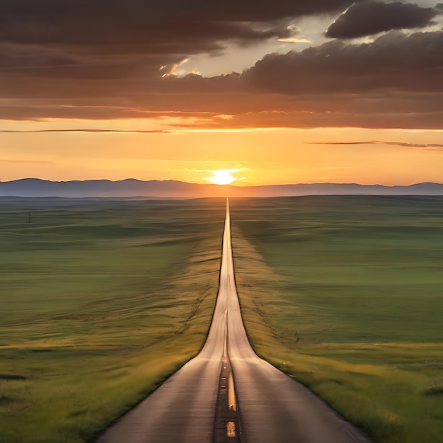 Long road in the southwest at sunset surrounded by grassy fields AI