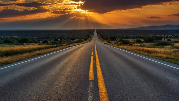 A long road at sunset with a beautiful sky and clouds