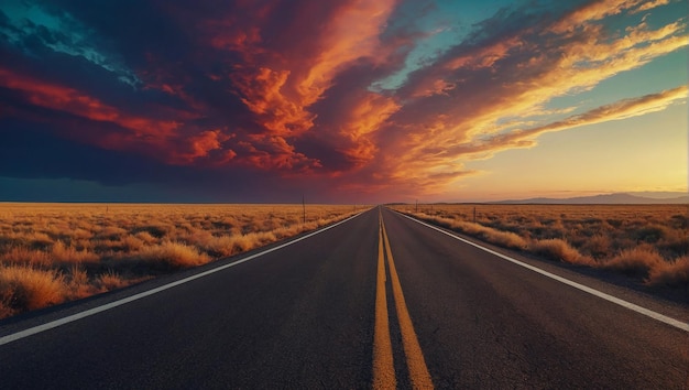 A long road at sunset with a beautiful sky and clouds