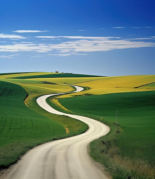 Foto una lunga strada che conduce a un campo in campagna nello stile delle curve a frustata