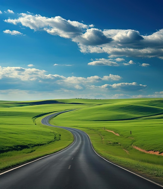 a long road that leads to a field in the countryside in the style of whiplash curves