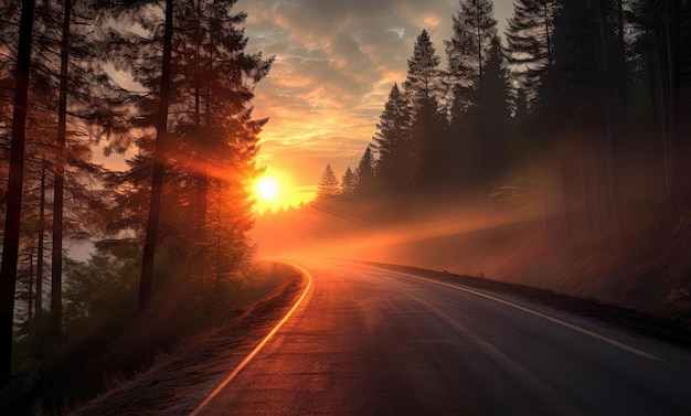 a long road with forest trees along the side in the style of light gray and orange