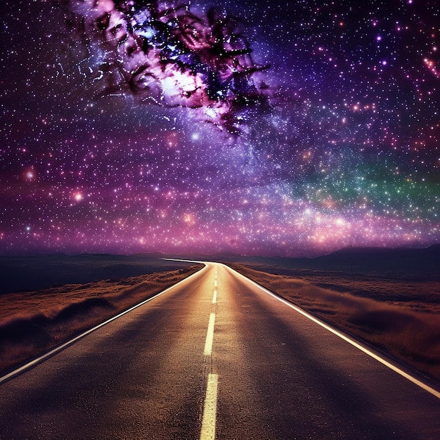 a long road with a star filled sky and a tree branch.