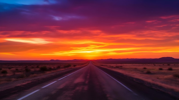 A long road with a sunset in the background