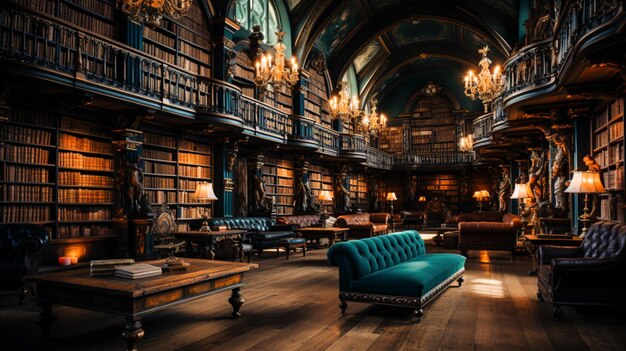 Photo a long room decorated with lots of books and bookshelves