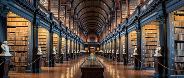 Foto la stanza lunga nella vecchia biblioteca del trinity college di dublino