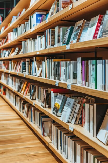 A Long Row of Books on a Wooden Shelf Organized Literature Collection for Reading and Display