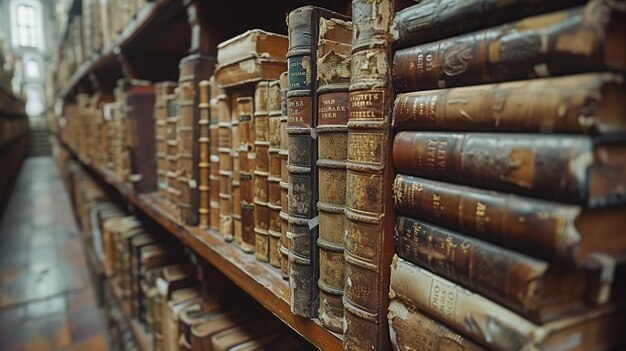 Photo long row of books on wooden shelf