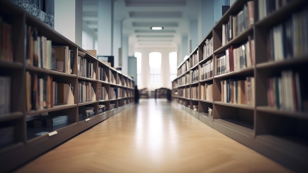 A long row of bookshelves in a library generative AI