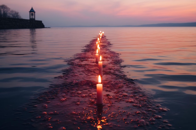 Long row of candles floating on top of body of water Generative AI