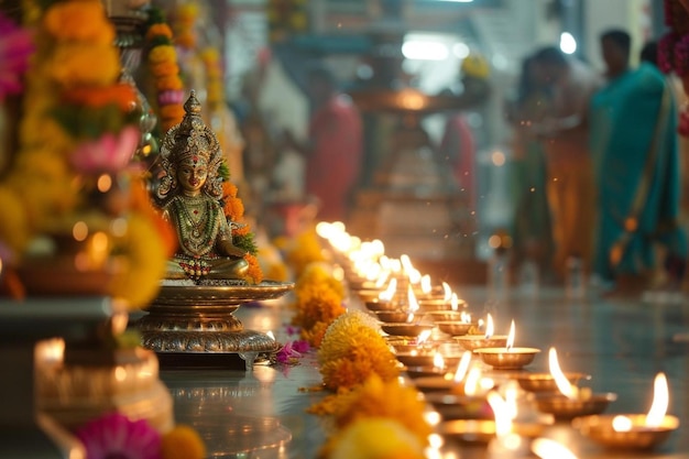 a long row of lit candles in front of a statue