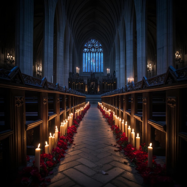 длинный ряд скамеек со свечами в церкви