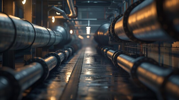 Long Row of Pipes in Industrial Building