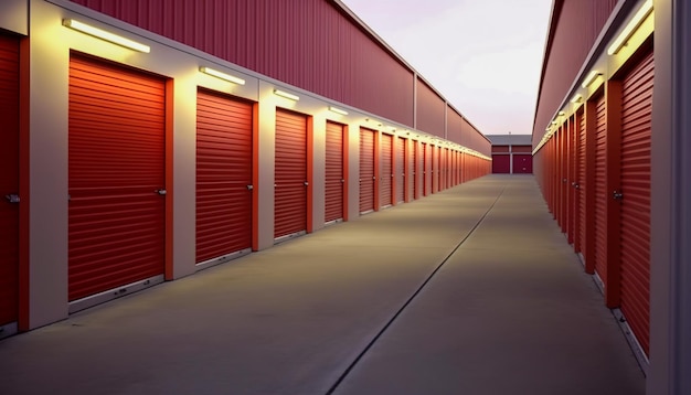 현대적인 깨끗한 저장 시설의 붉은색 문이 길게 늘어선 Generative AI