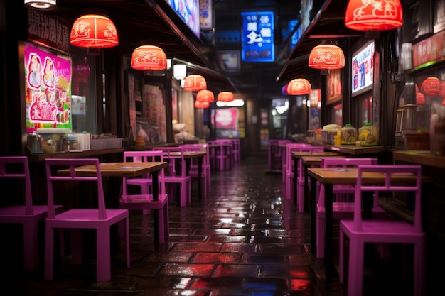 a long row of tables and chairs in an asian restaurant