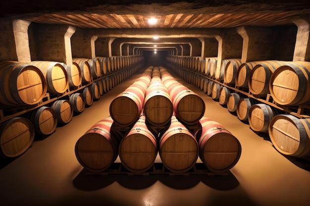 Long row of wine barrels in cellar with light at the end Generative AI