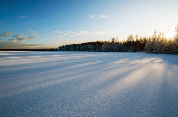 凍った湖の雪の長い影。