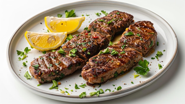 Long shaped meat cutlets served with slices of lemon a delightful combination for a savory meal